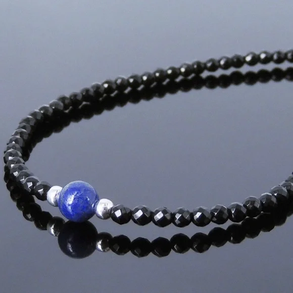Mens Lapis Lazuli & Black Spinel Beaded Beaded Necklace in sterling Silver